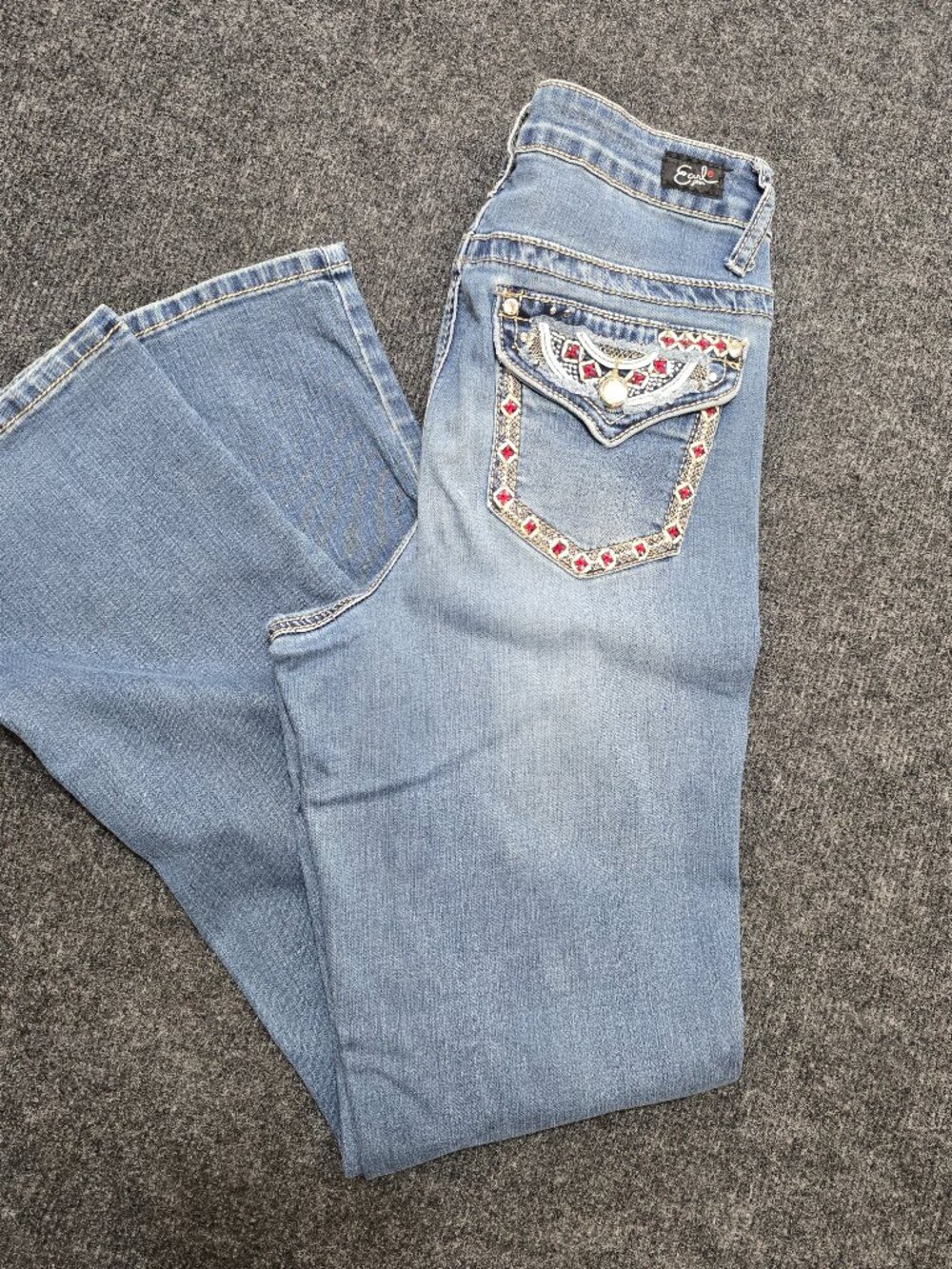 Earl Jeans Slim Bootcut Women’s Size 10 Blue Denim Embellished Flap Pockets West